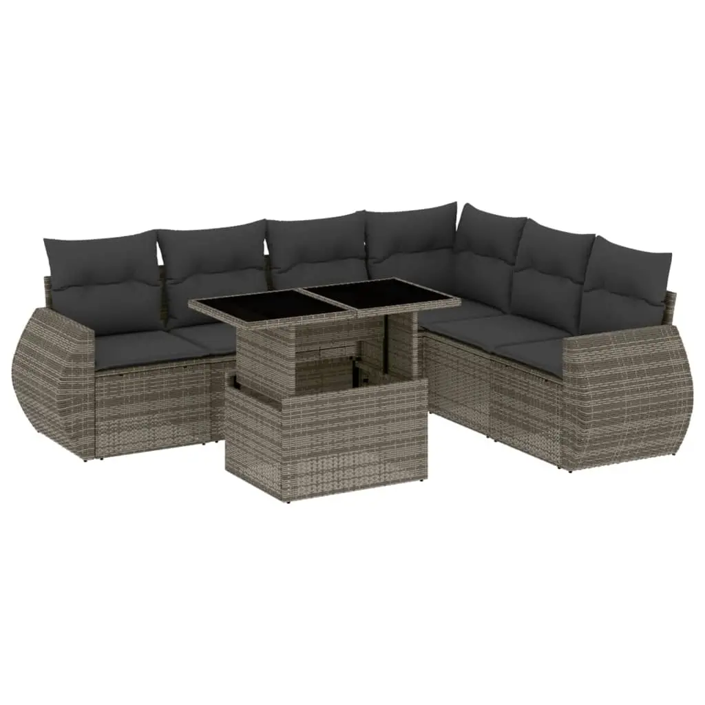 7 Piece Garden Sofa Set with Cushions Grey Poly Rattan 3268560 - Furniture