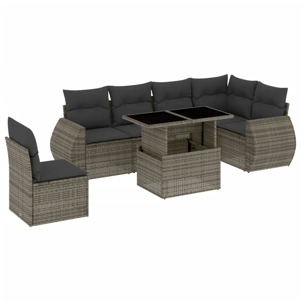 7 Piece Garden Sofa Set with Cushions Grey Poly Rattan 3268570 - Furniture