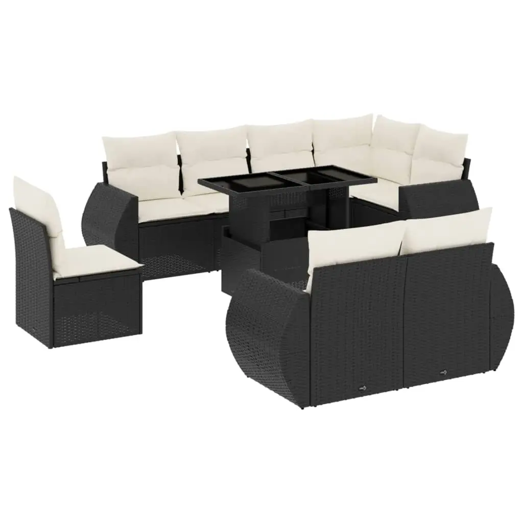 9 Piece Garden Sofa Set with Cushions Black Poly Rattan 3268666 - Furniture