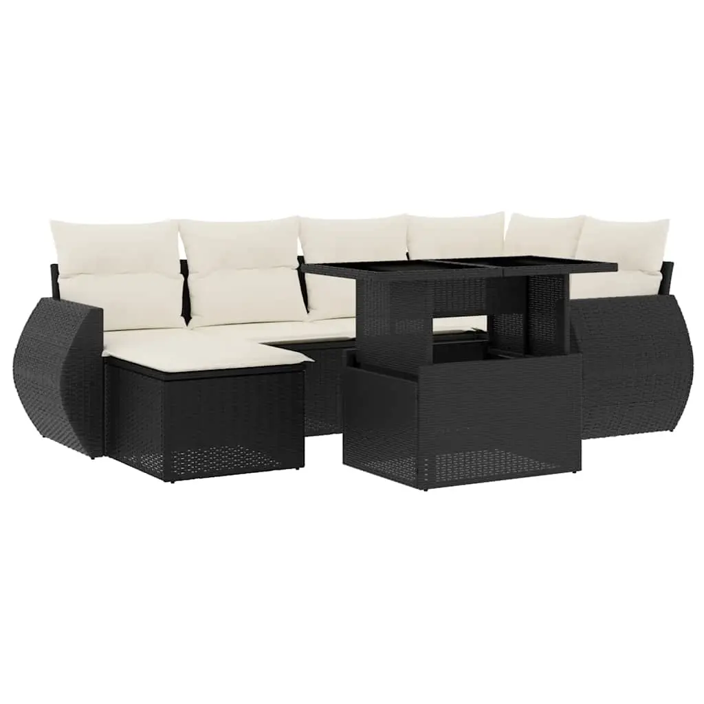 7 Piece Garden Sofa Set with Cushions Black Poly Rattan 3268676 - Furniture