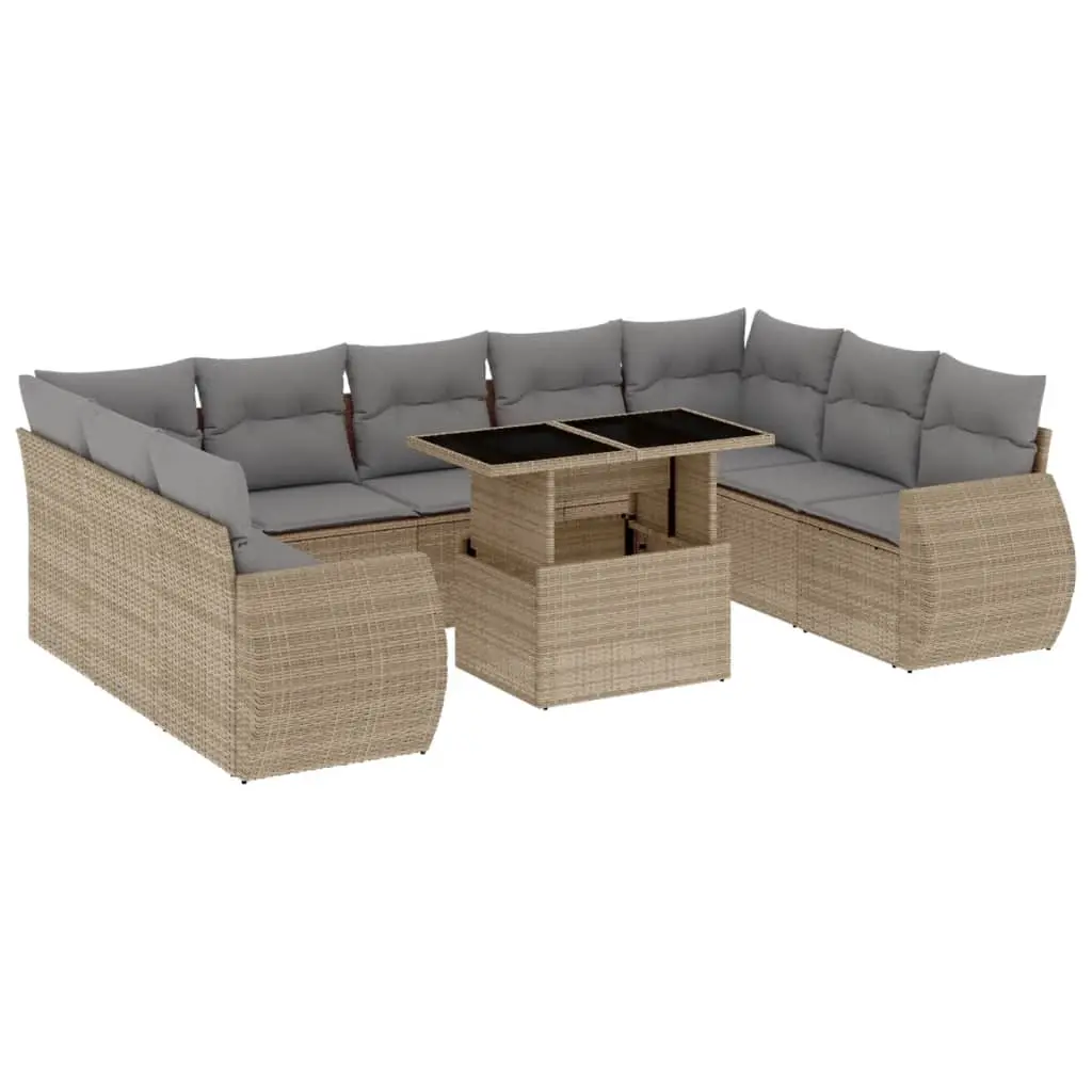 10 Piece Garden Sofa Set with Cushions Beige Poly Rattan 3268739 - Furniture