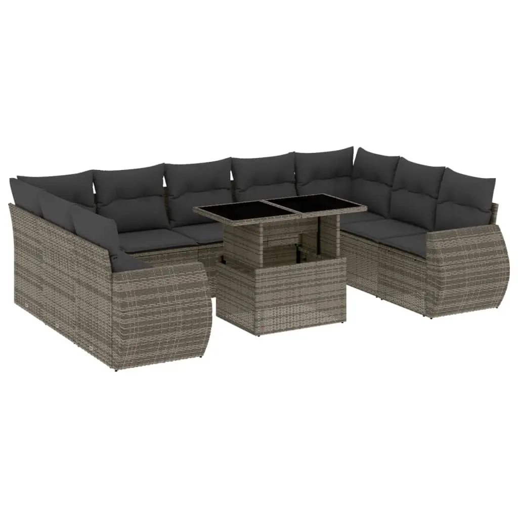 10 Piece Garden Sofa Set with Cushions Grey Poly Rattan 3268740 - Furniture