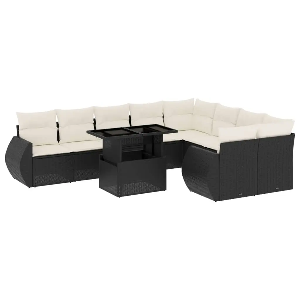 10 Piece Garden Sofa Set with Cushions Black Poly Rattan 3268756 - Furniture