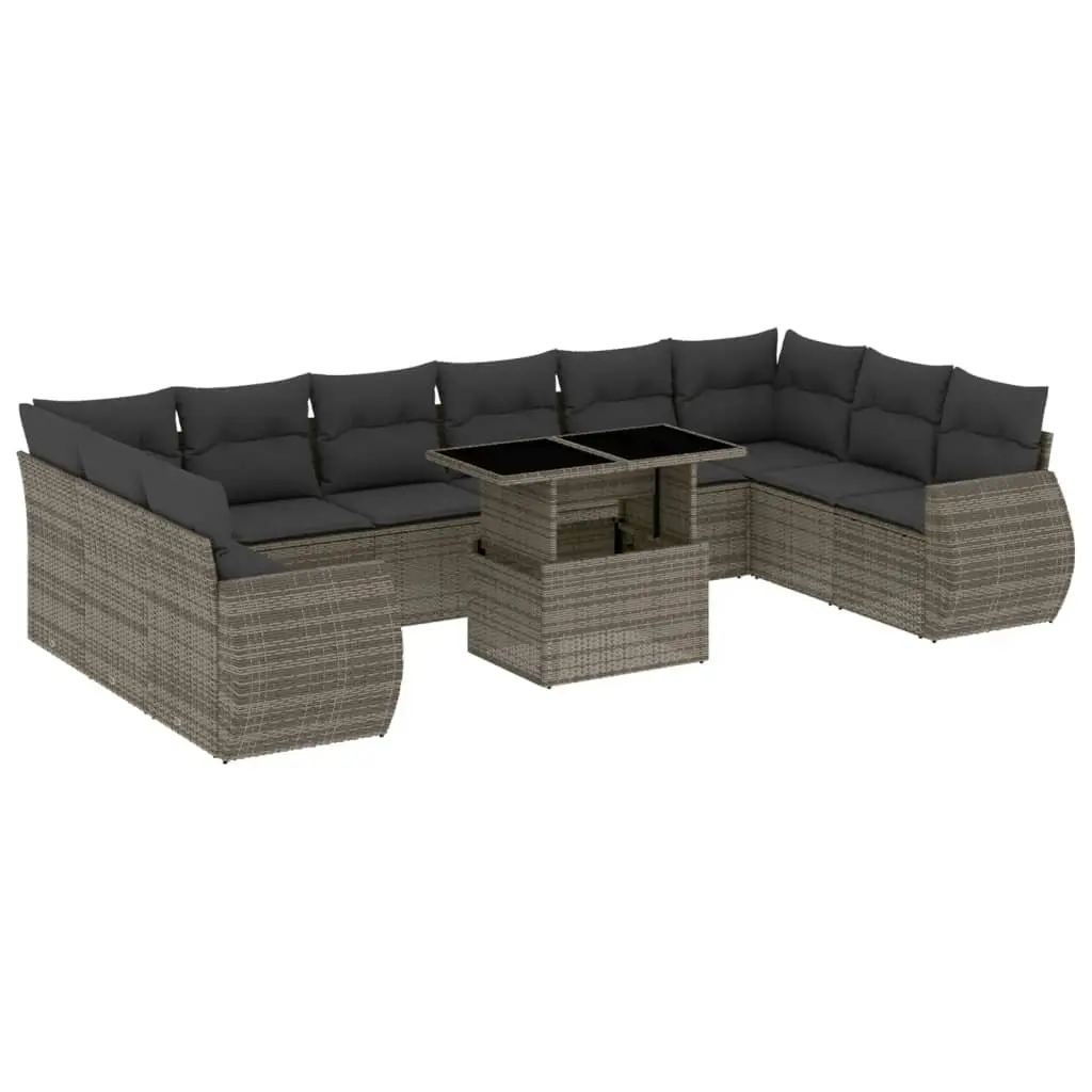 11 Piece Garden Sofa Set with Cushions Grey Poly Rattan 3268780 - Furniture