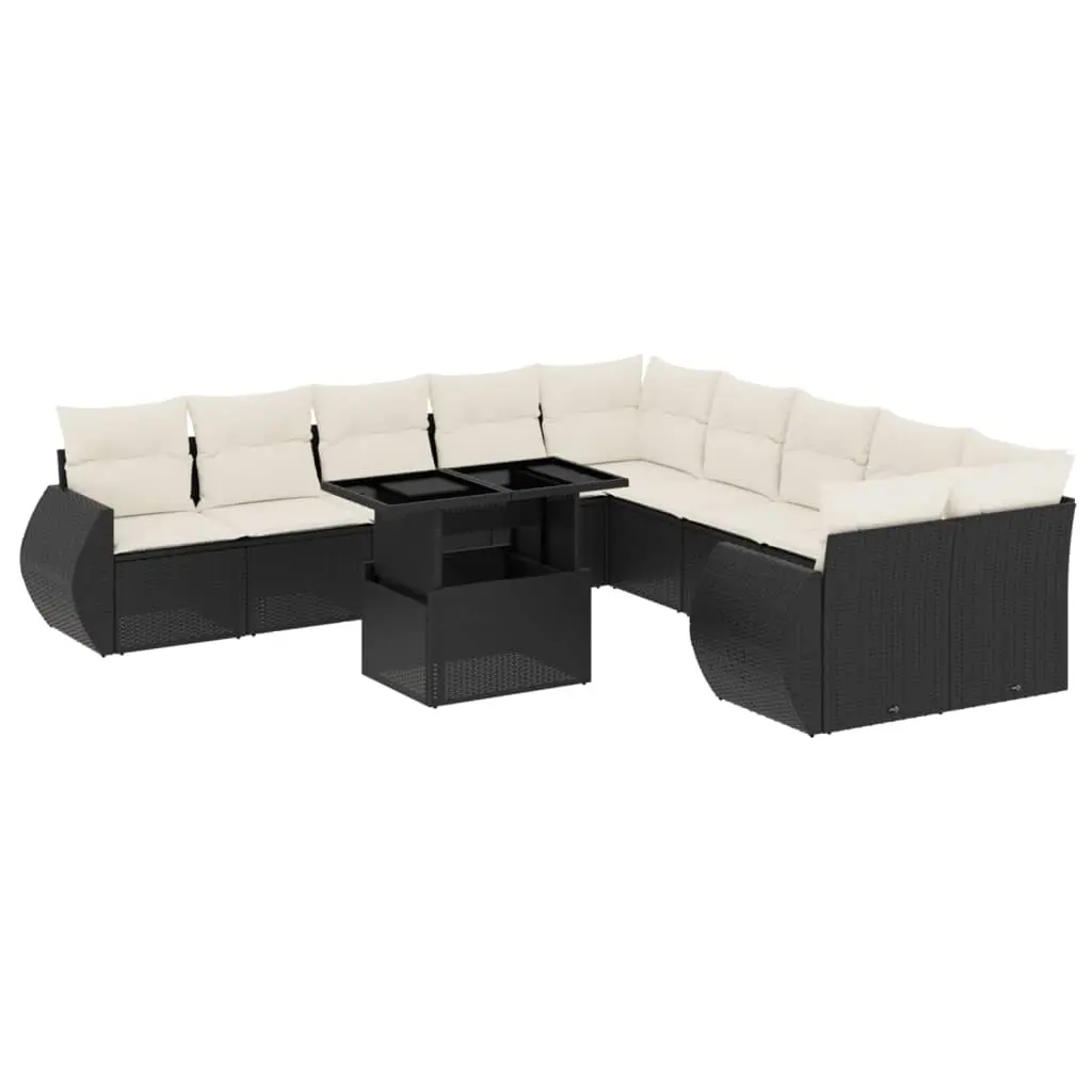 11 Piece Garden Sofa Set with Cushions Black Poly Rattan 3268796 - Furniture