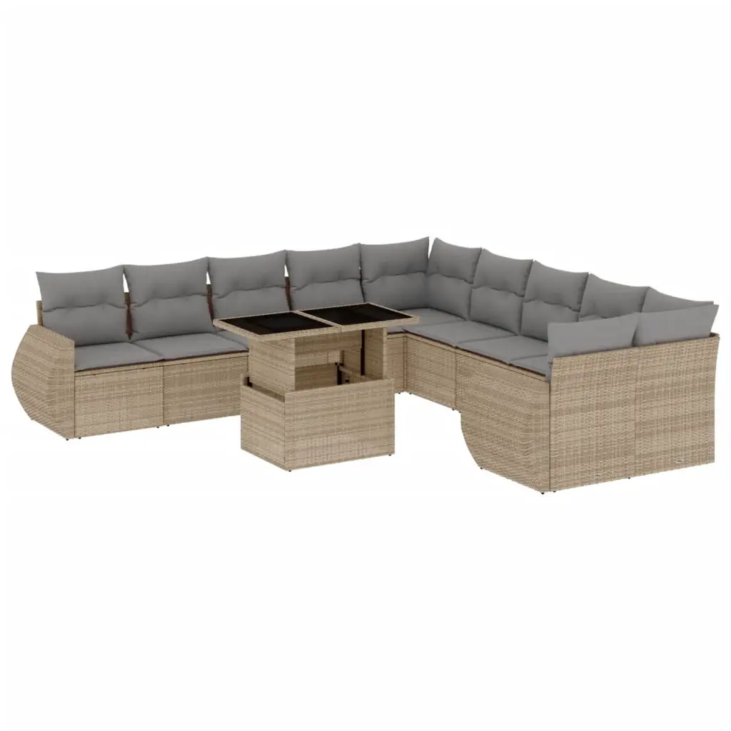 11 Piece Garden Sofa Set with Cushions Beige Poly Rattan 3268799 - Furniture