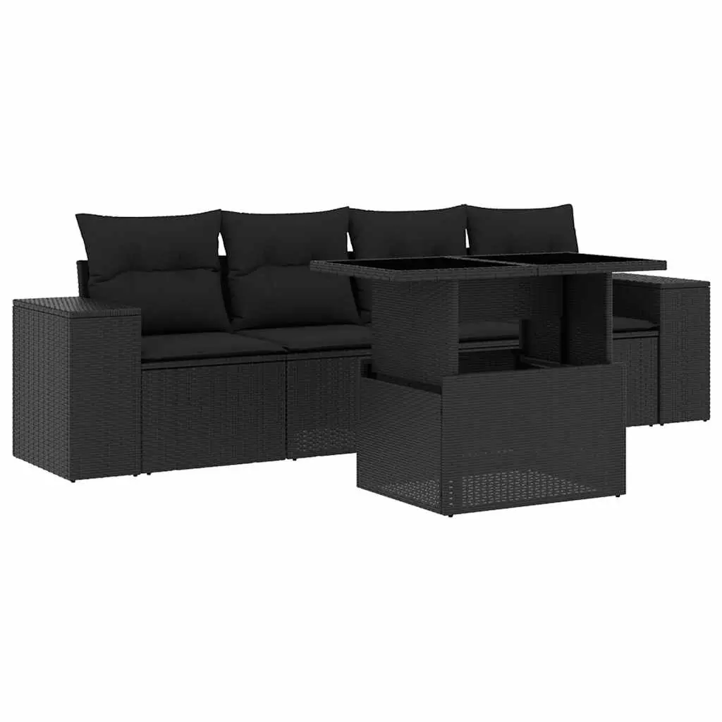 5 Piece Garden Sofa Set with Cushions Black Poly Rattan 3268985 - Furniture