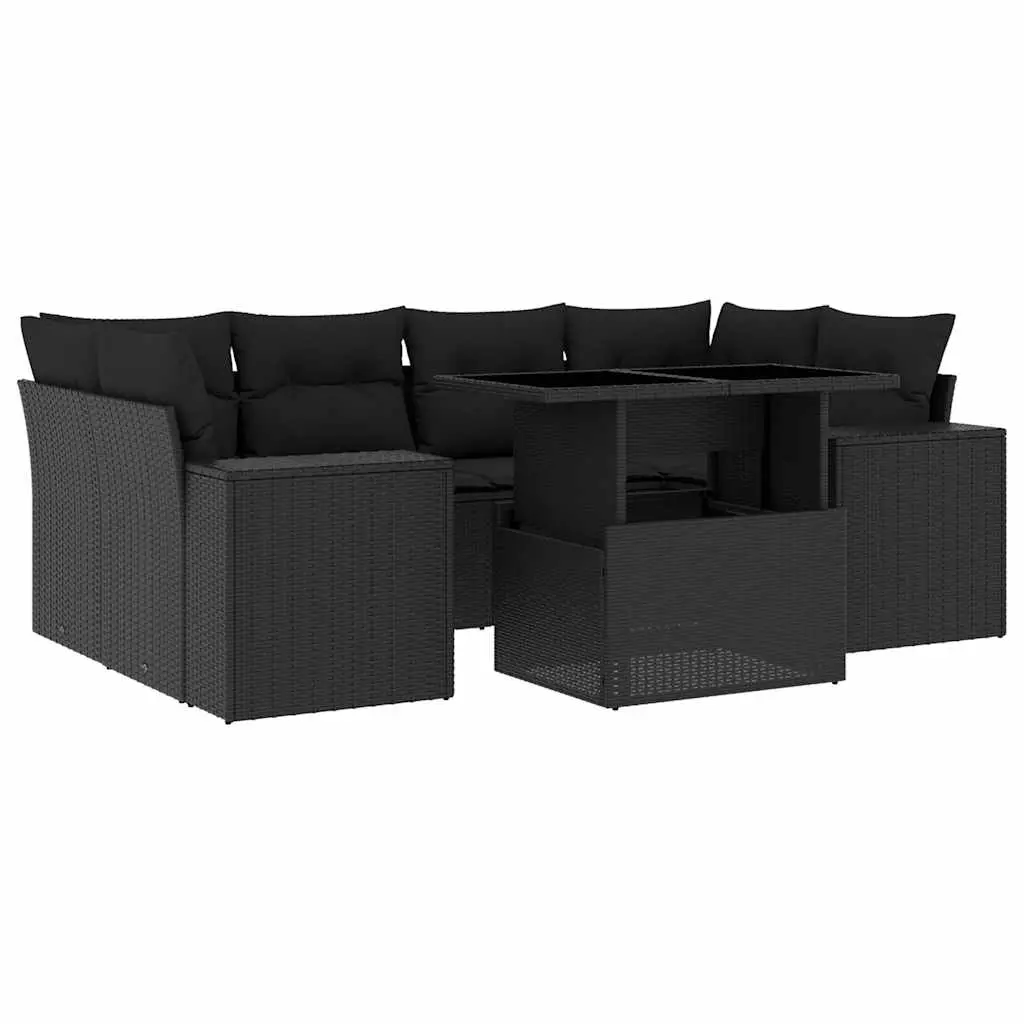 7 Piece Garden Sofa Set with Cushions Black Poly Rattan 3269015 - Furniture