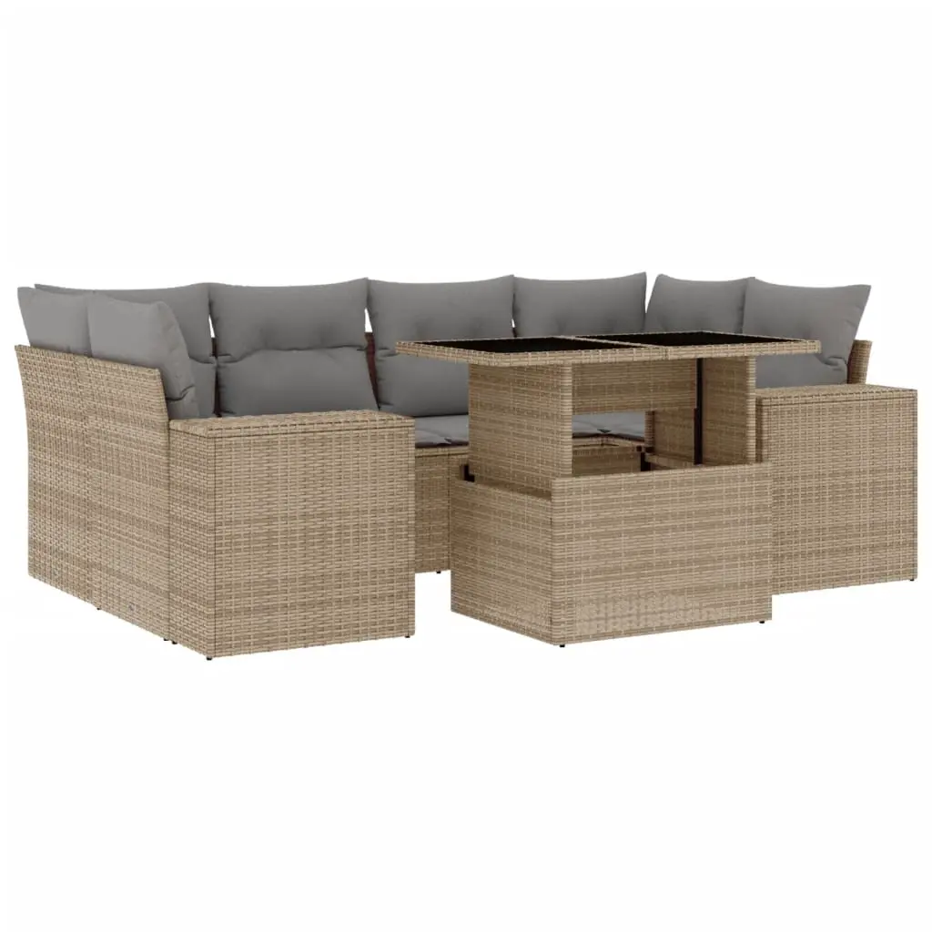 7 Piece Garden Sofa Set with Cushions Beige Poly Rattan 3269019 - Furniture