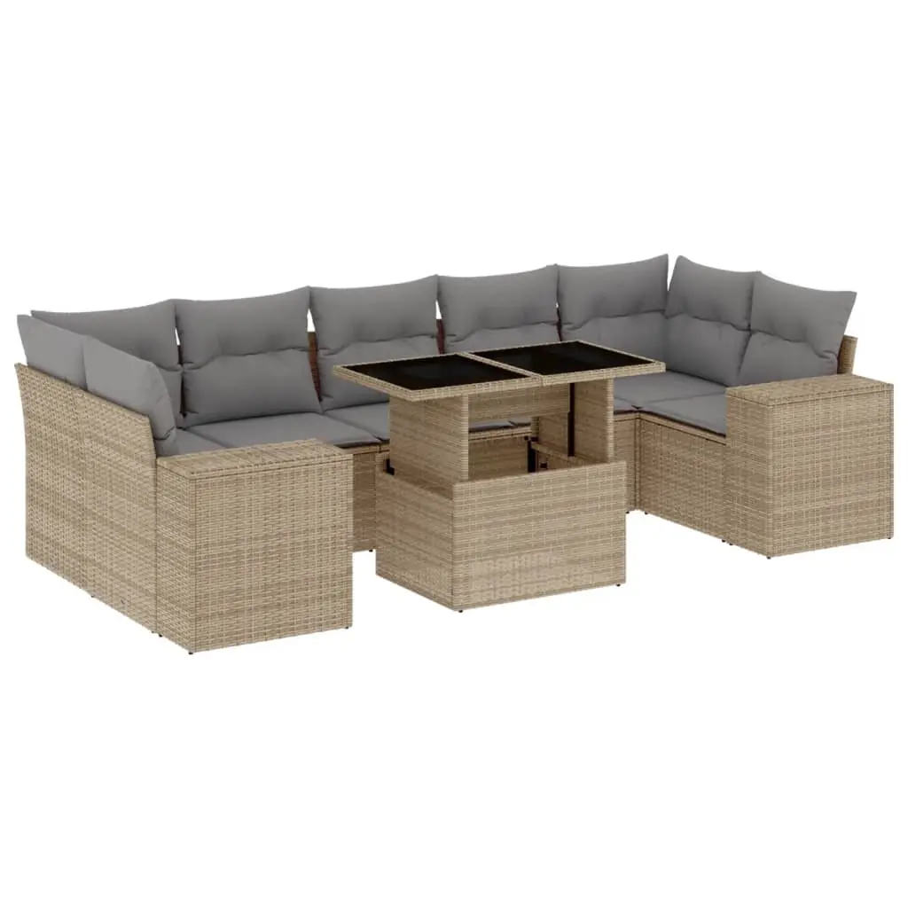 8 Piece Garden Sofa Set with Cushions Beige Poly Rattan 3269039 - Furniture