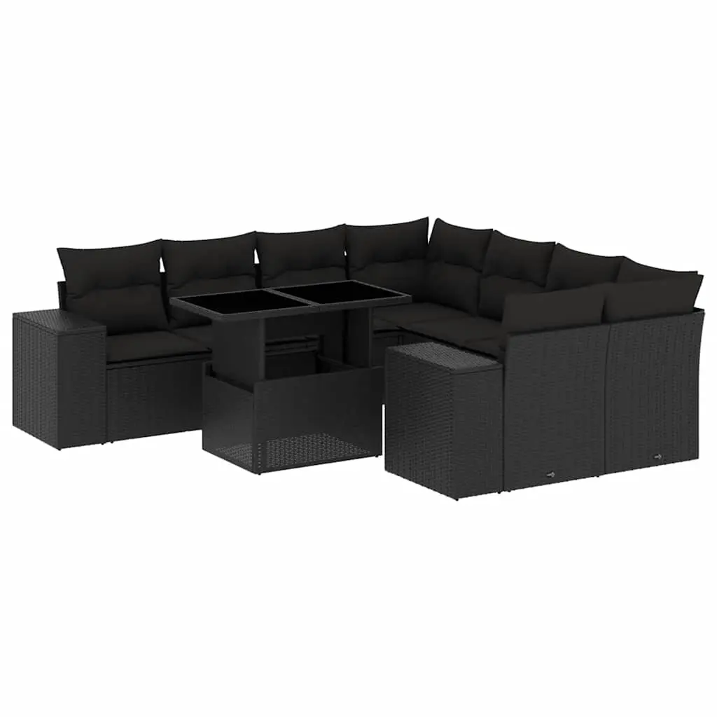 9 Piece Garden Sofa Set with Cushions Black Poly Rattan 3269055 - Furniture