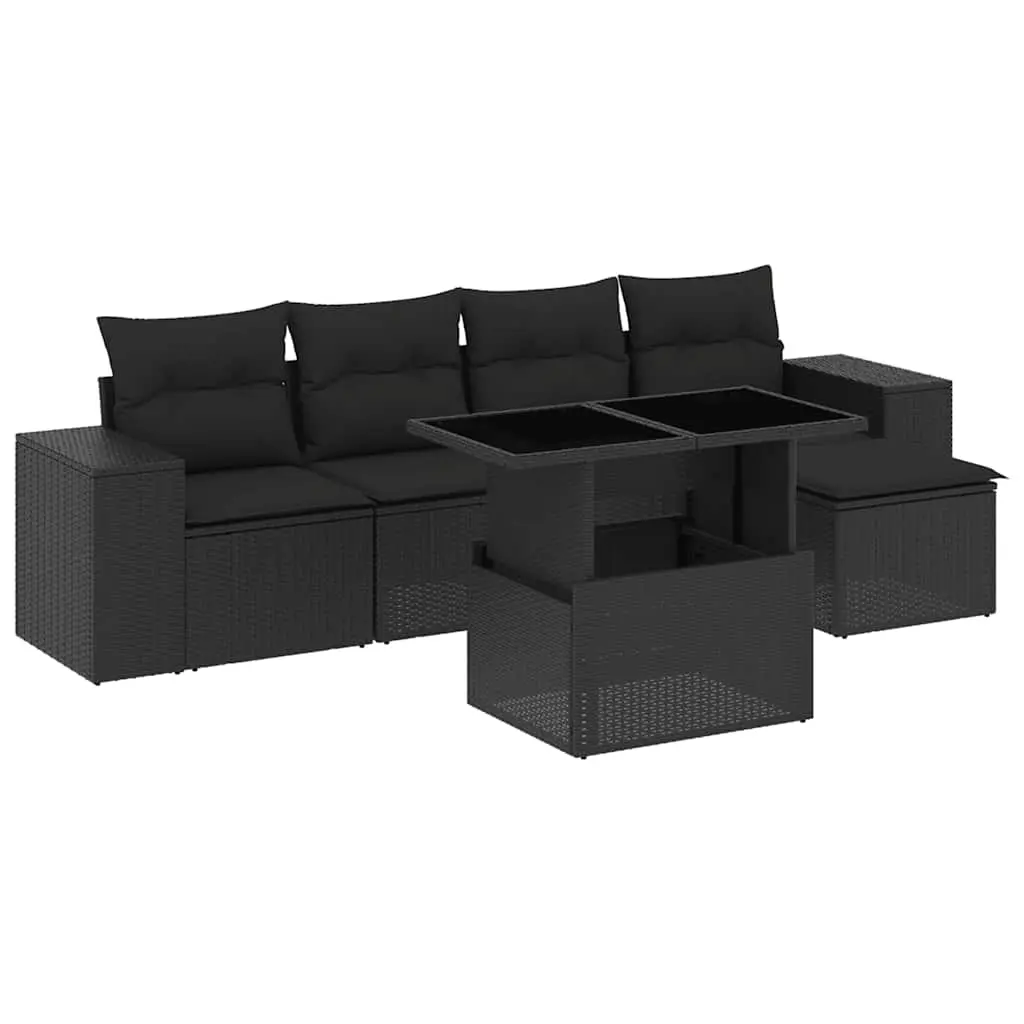 6 Piece Garden Sofa Set with Cushions Black Poly Rattan 3269125 - Furniture