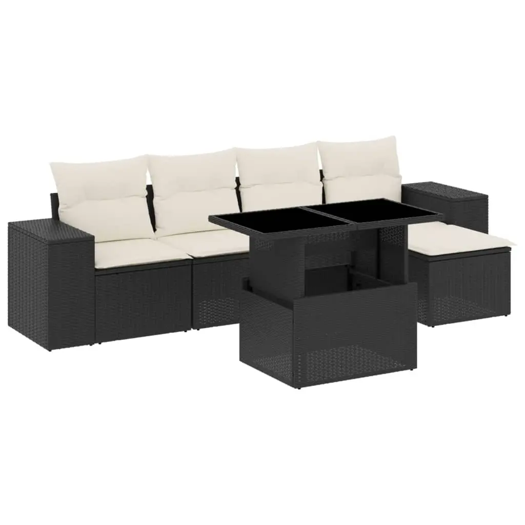 6 Piece Garden Sofa Set with Cushions Black Poly Rattan 3269126 - Furniture