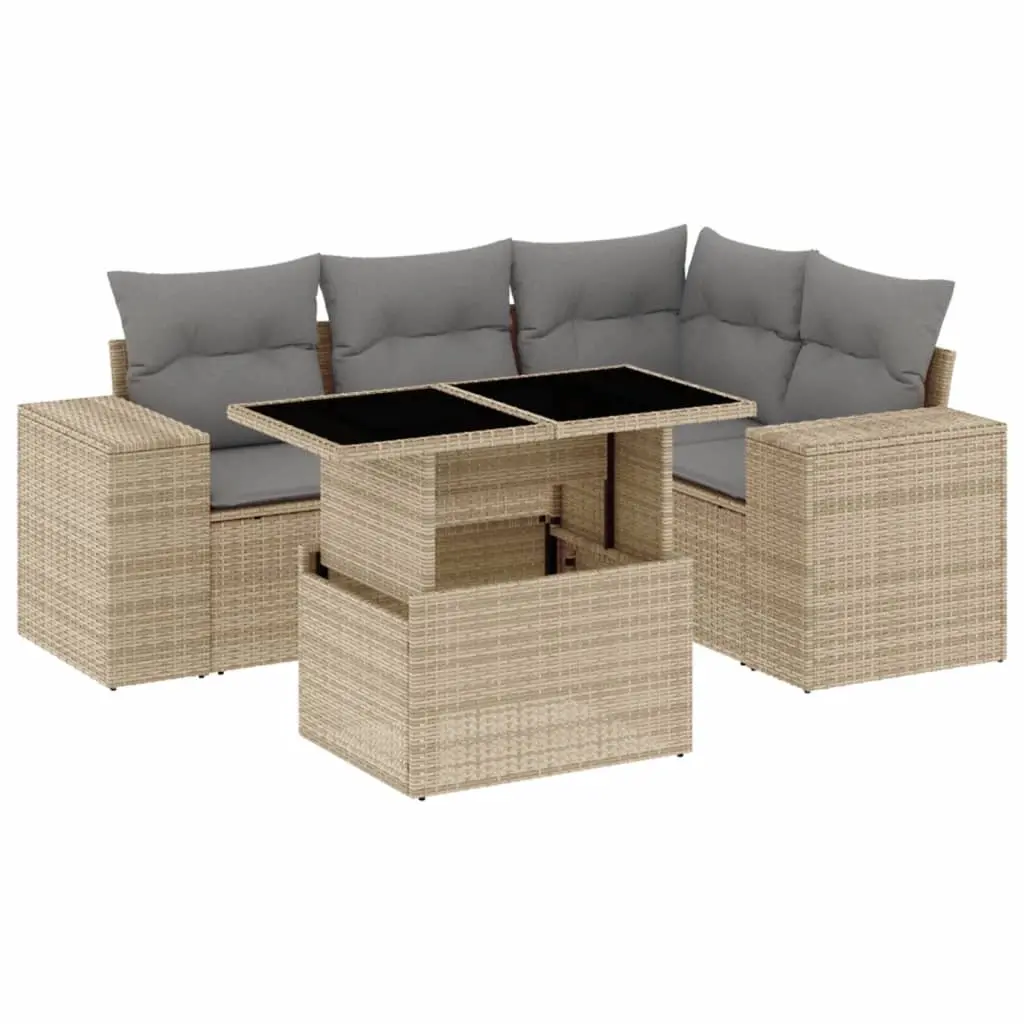 5 Piece Garden Sofa Set with Cushions Beige Poly Rattan 3269139 - Furniture