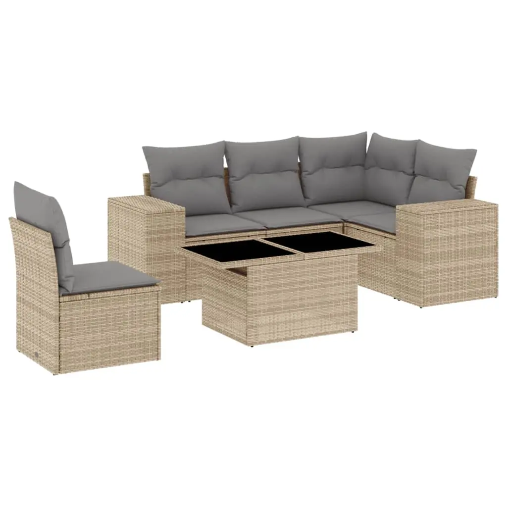 6 Piece Garden Sofa Set with Cushions Beige Poly Rattan 3269169 - Furniture