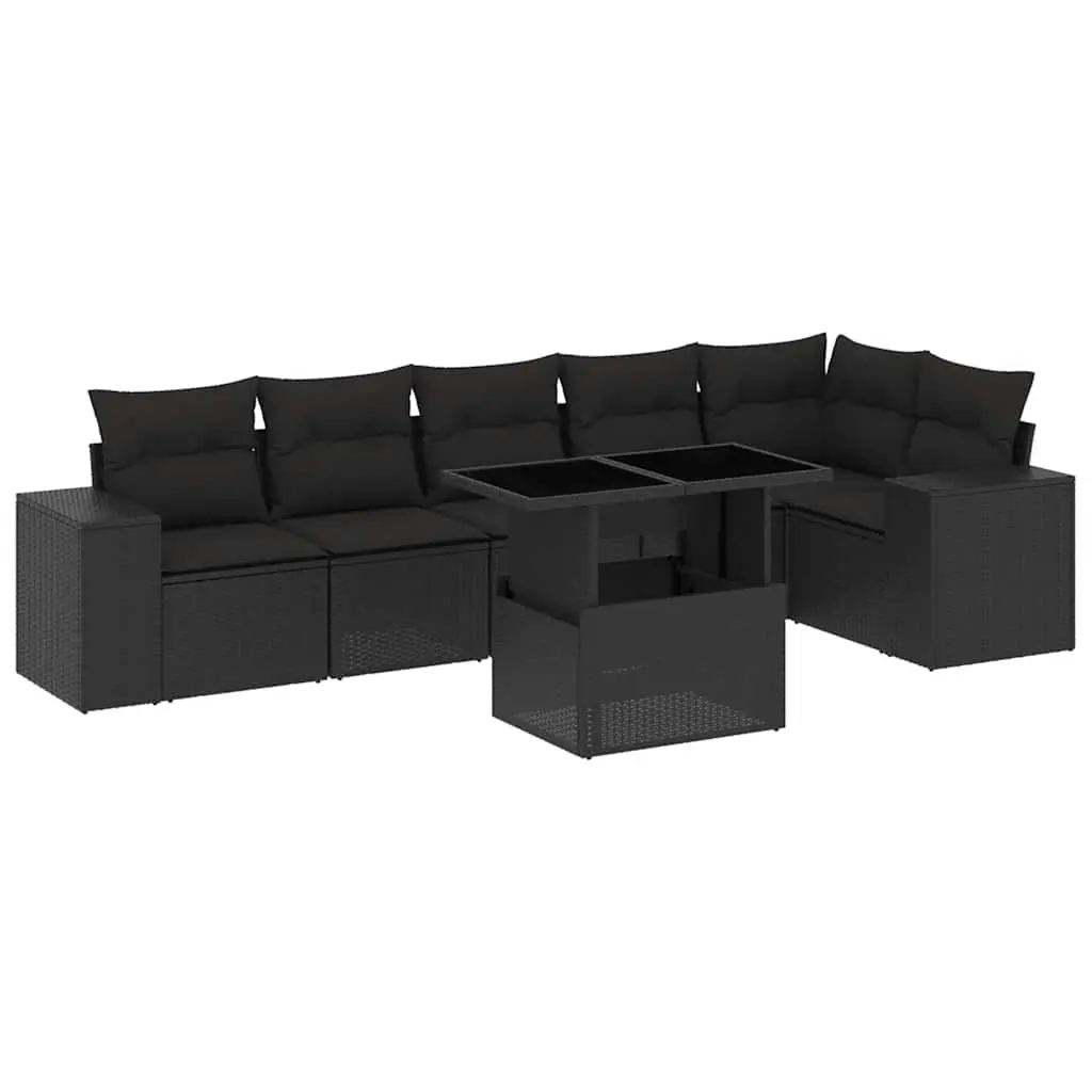 7 Piece Garden Sofa Set with Cushions Black Poly Rattan 3269175 - Furniture