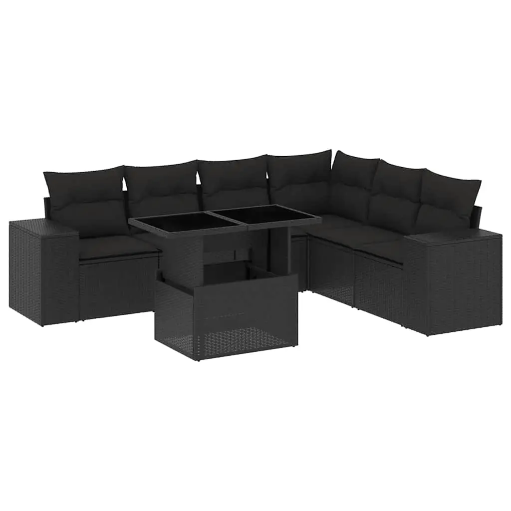 7 Piece Garden Sofa Set with Cushions Black Poly Rattan 3269185 - Furniture
