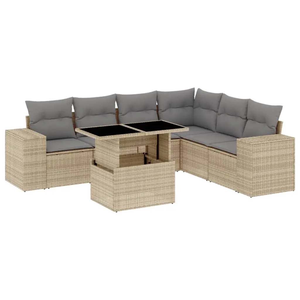 7 Piece Garden Sofa Set with Cushions Beige Poly Rattan 3269189 - Furniture