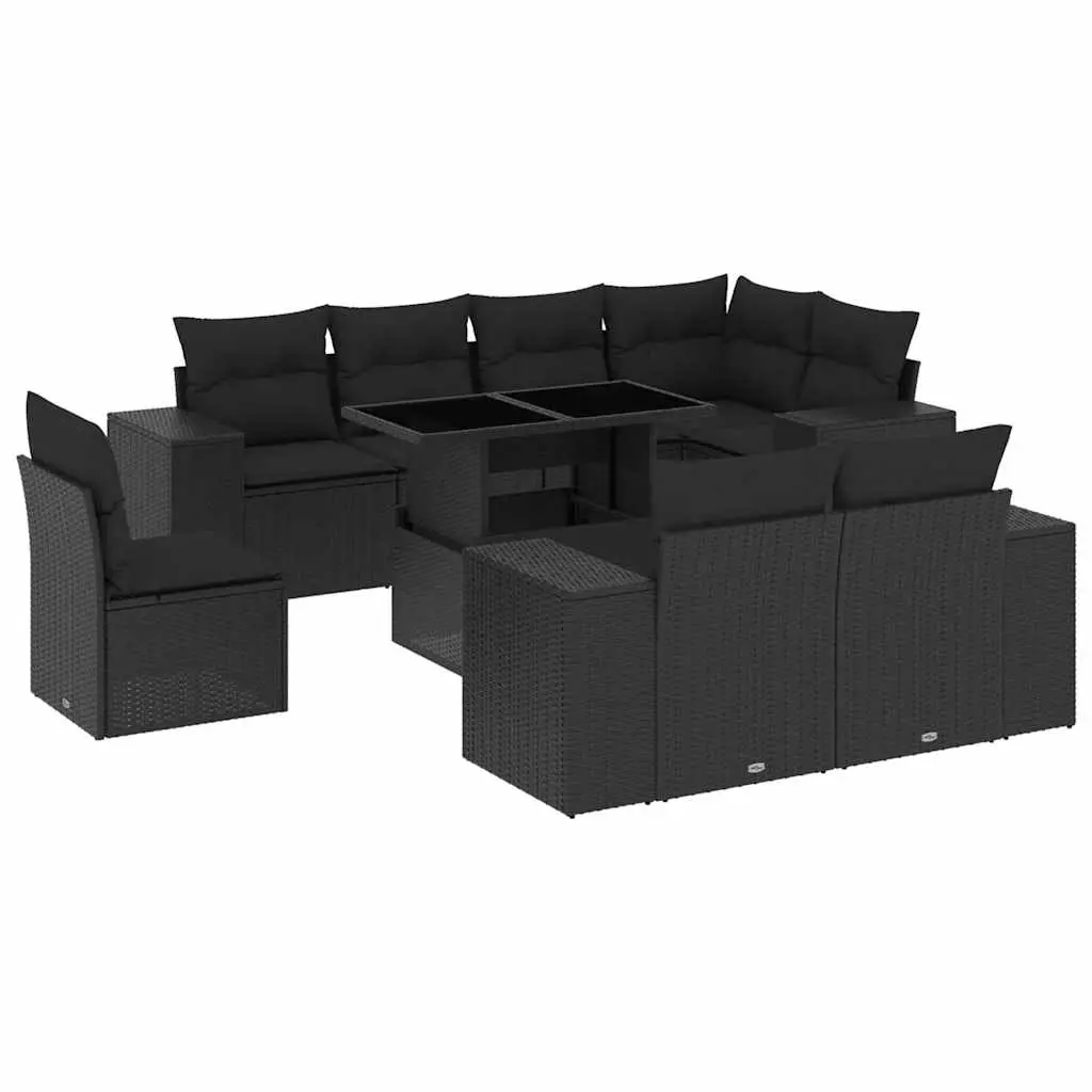 9 Piece Garden Sofa Set with Cushions Black Poly Rattan 3269295 - Furniture