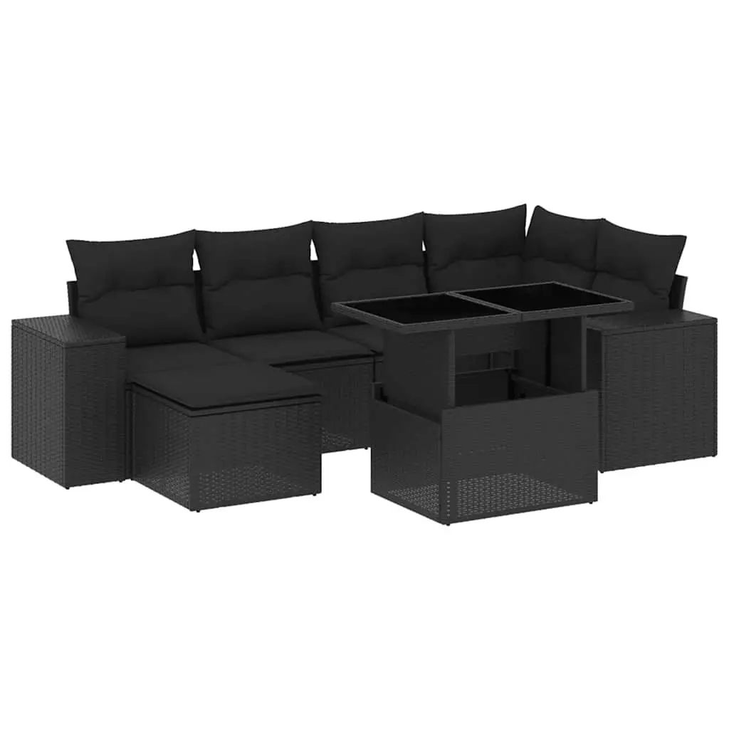 7 Piece Garden Sofa Set with Cushions Black Poly Rattan 3269305 - Furniture