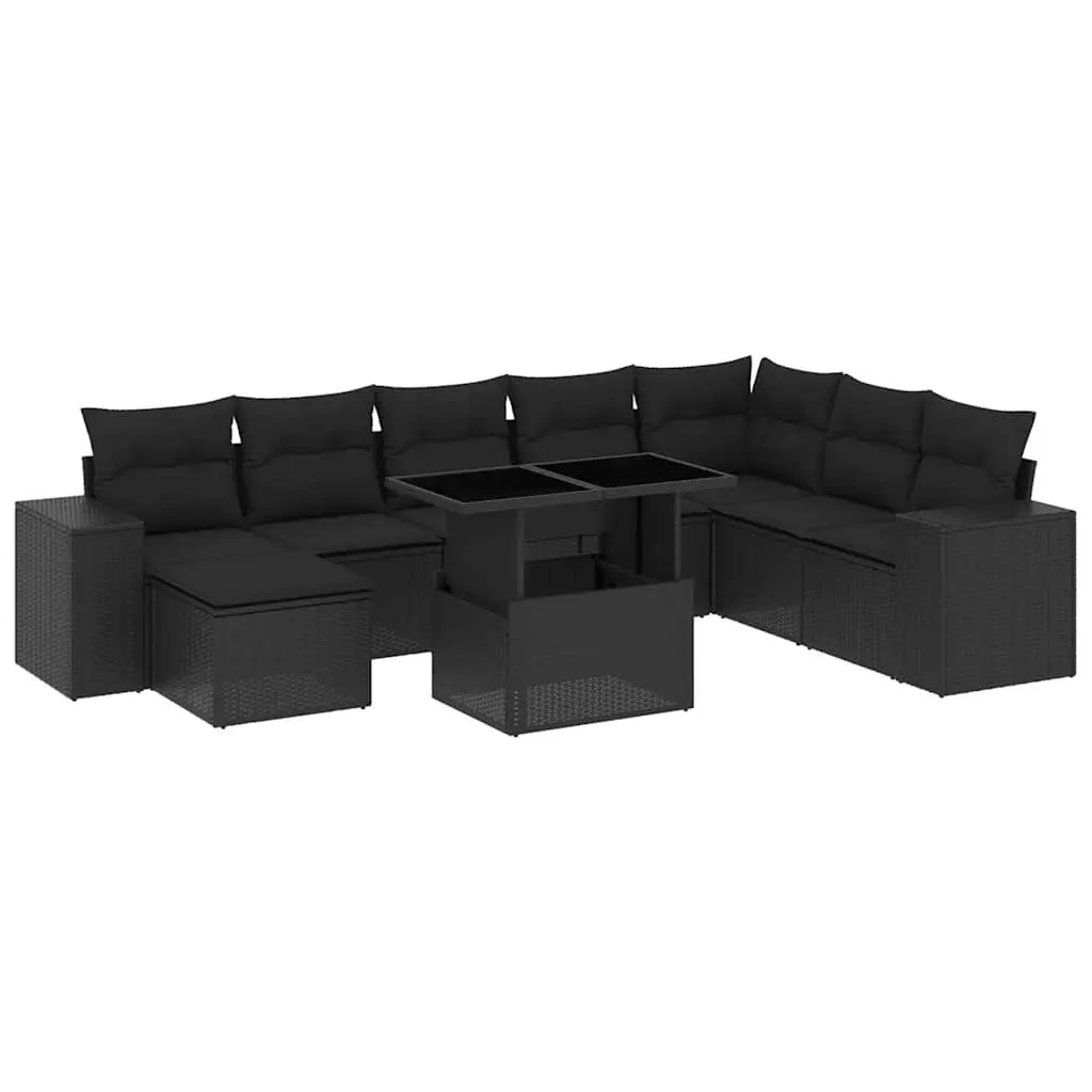 9 Piece Garden Sofa Set with Cushions Black Poly Rattan 3269355 - Furniture