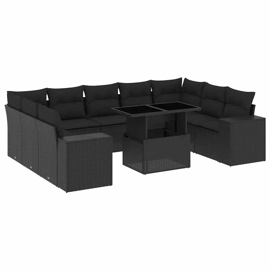 10 Piece Garden Sofa Set with Cushions Black Poly Rattan 3269365 - Furniture