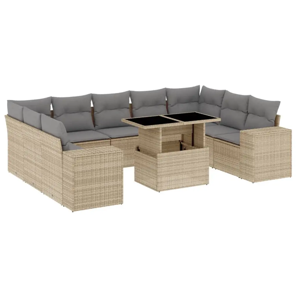10 Piece Garden Sofa Set with Cushions Beige Poly Rattan 3269369 - Furniture