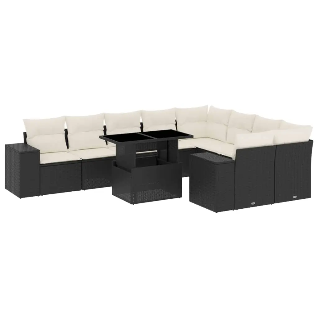 10 Piece Garden Sofa Set with Cushions Black Poly Rattan 3269386 - Furniture