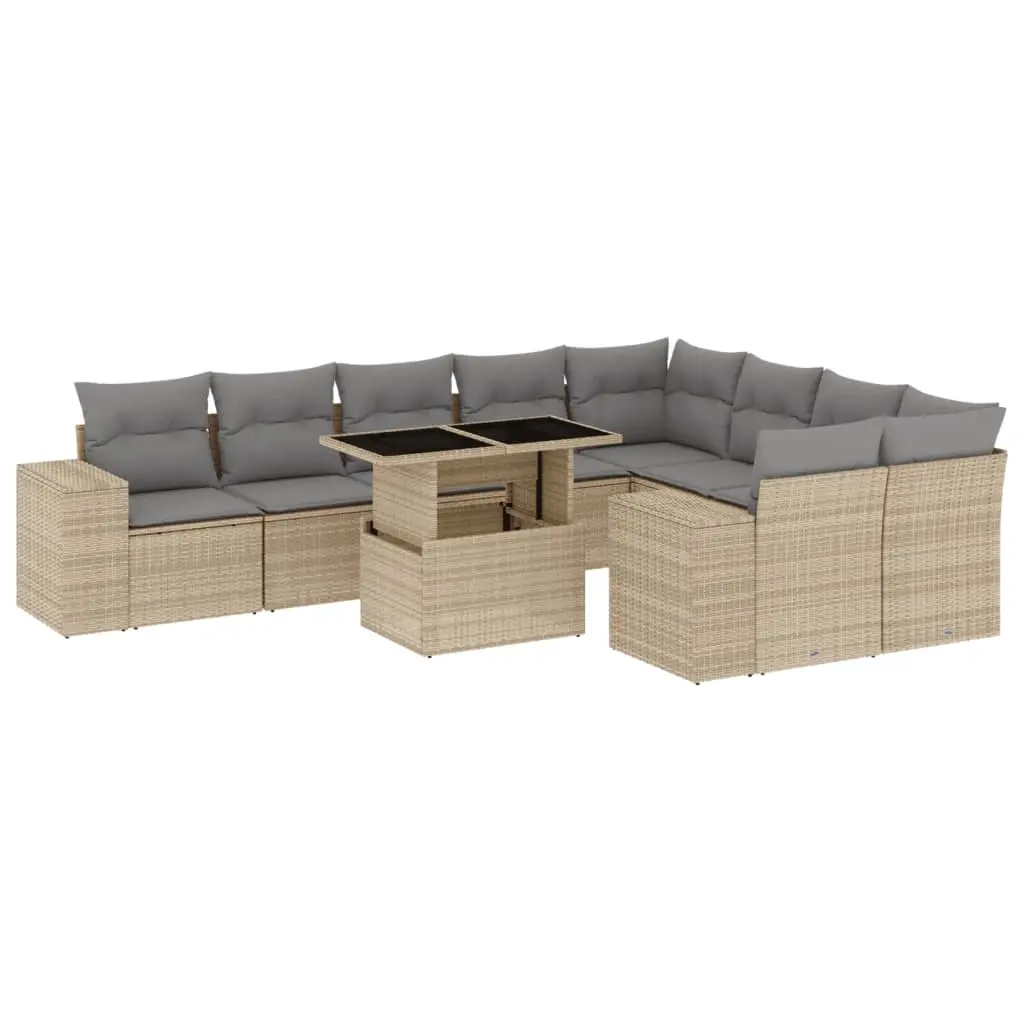 10 Piece Garden Sofa Set with Cushions Beige Poly Rattan 3269389 - Furniture