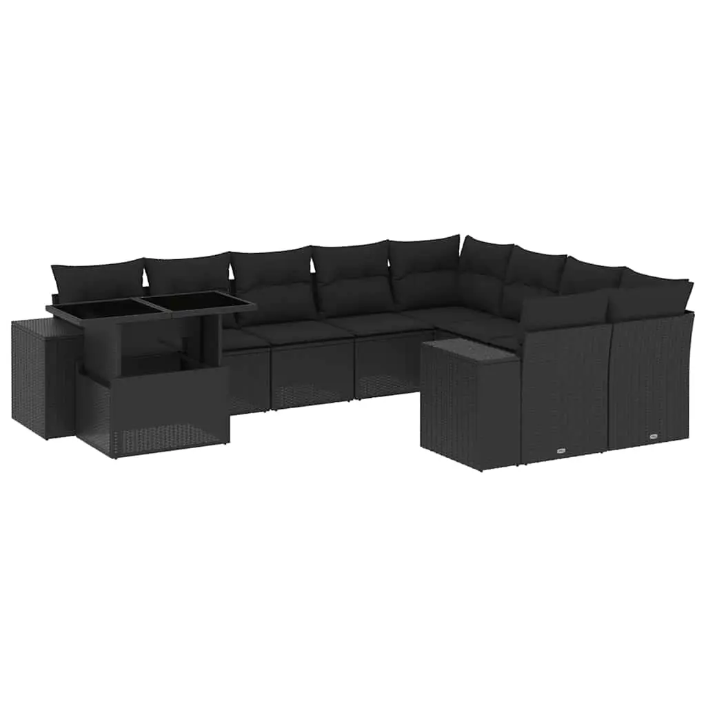 10 Piece Garden Sofa Set with Cushions Black Poly Rattan 3269395 - Furniture