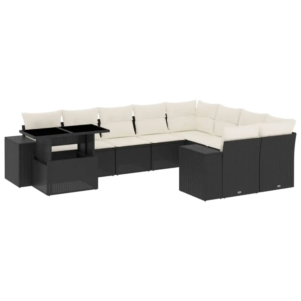 10 Piece Garden Sofa Set with Cushions Black Poly Rattan 3269396 - Furniture
