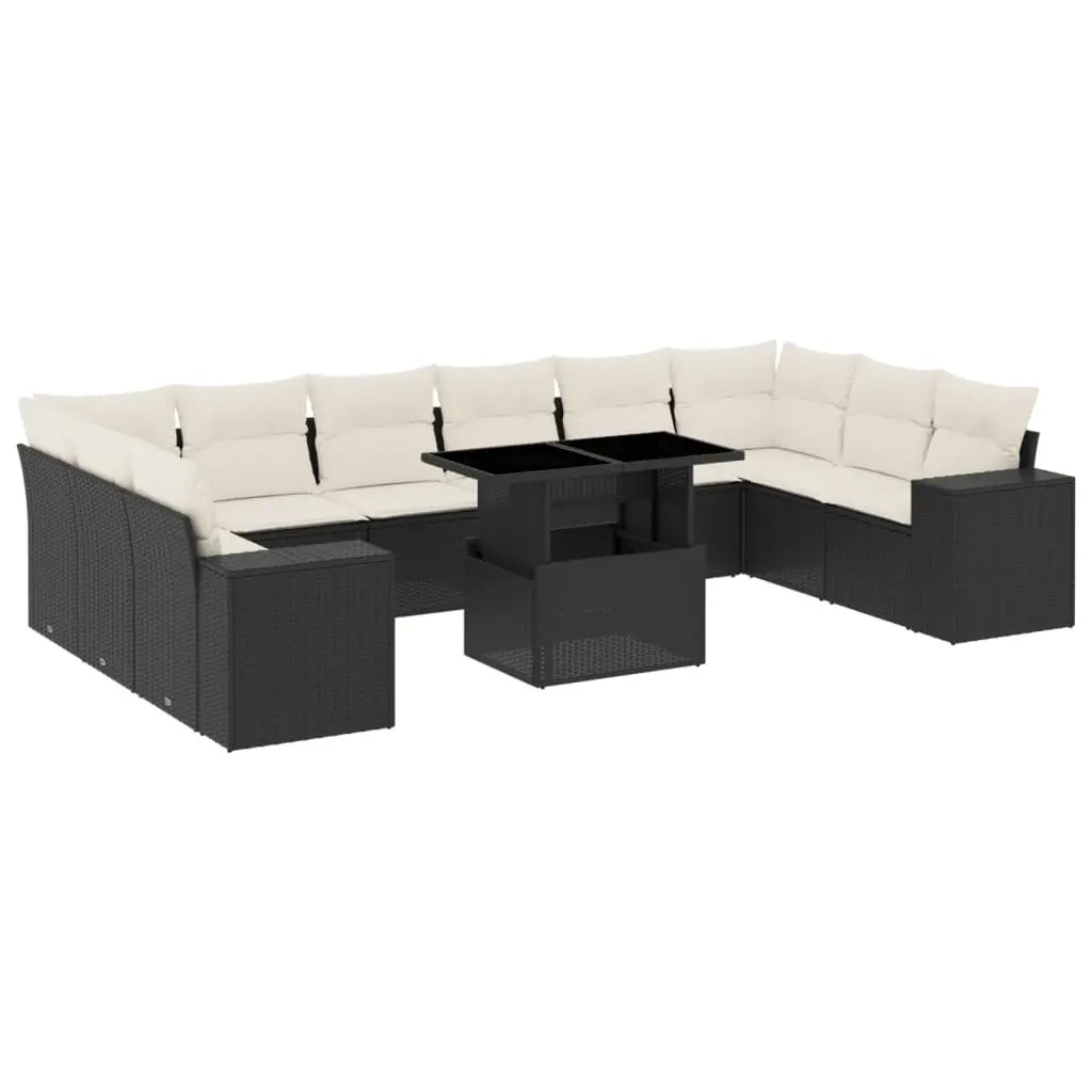 11 Piece Garden Sofa Set with Cushions Black Poly Rattan 3269406 - Furniture