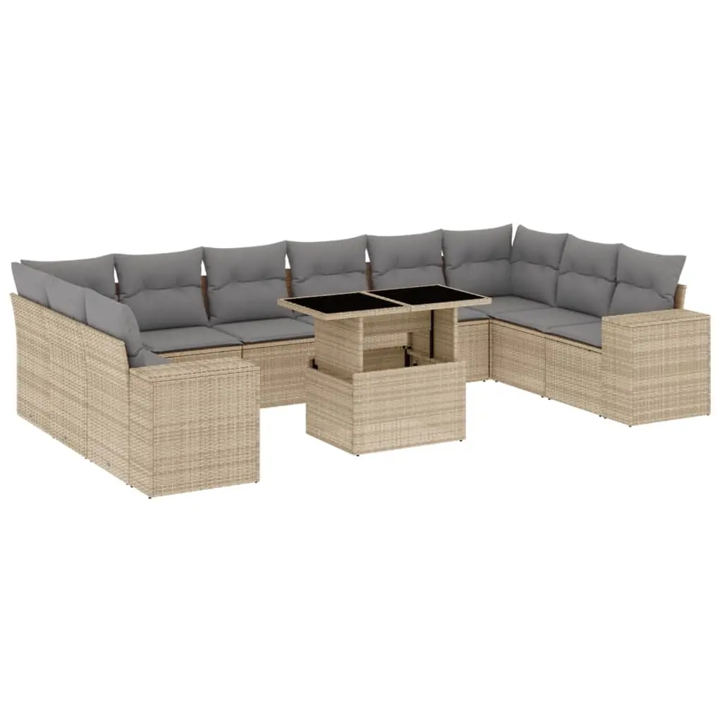11 Piece Garden Sofa Set with Cushions Beige Poly Rattan 3269409 - Furniture