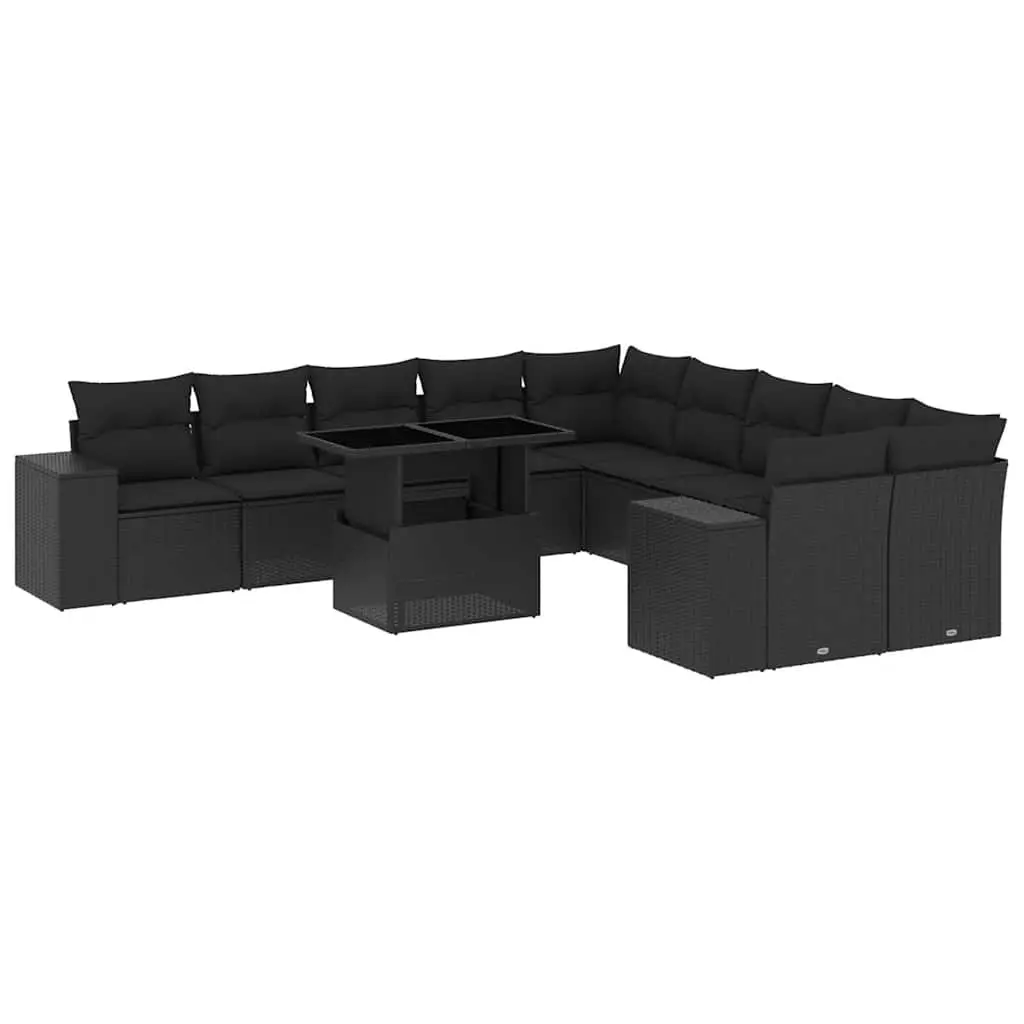 11 Piece Garden Sofa Set with Cushions Black Poly Rattan 3269425 - Furniture