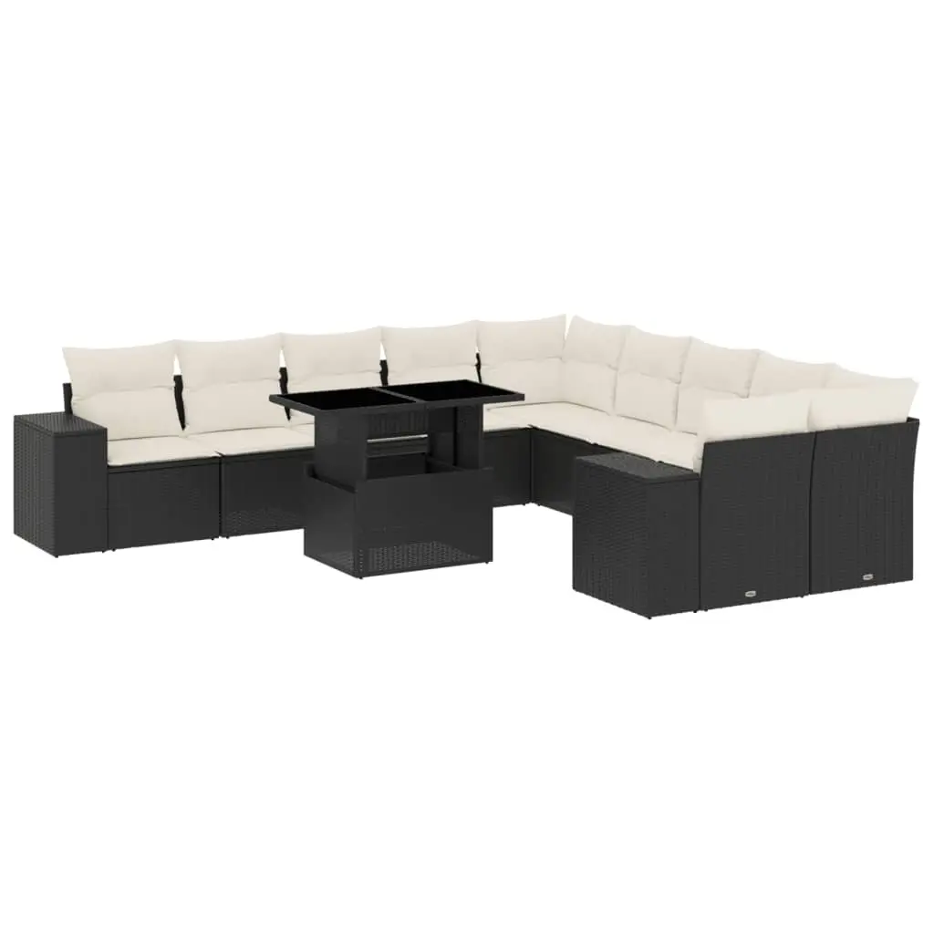 11 Piece Garden Sofa Set with Cushions Black Poly Rattan 3269426 - Furniture