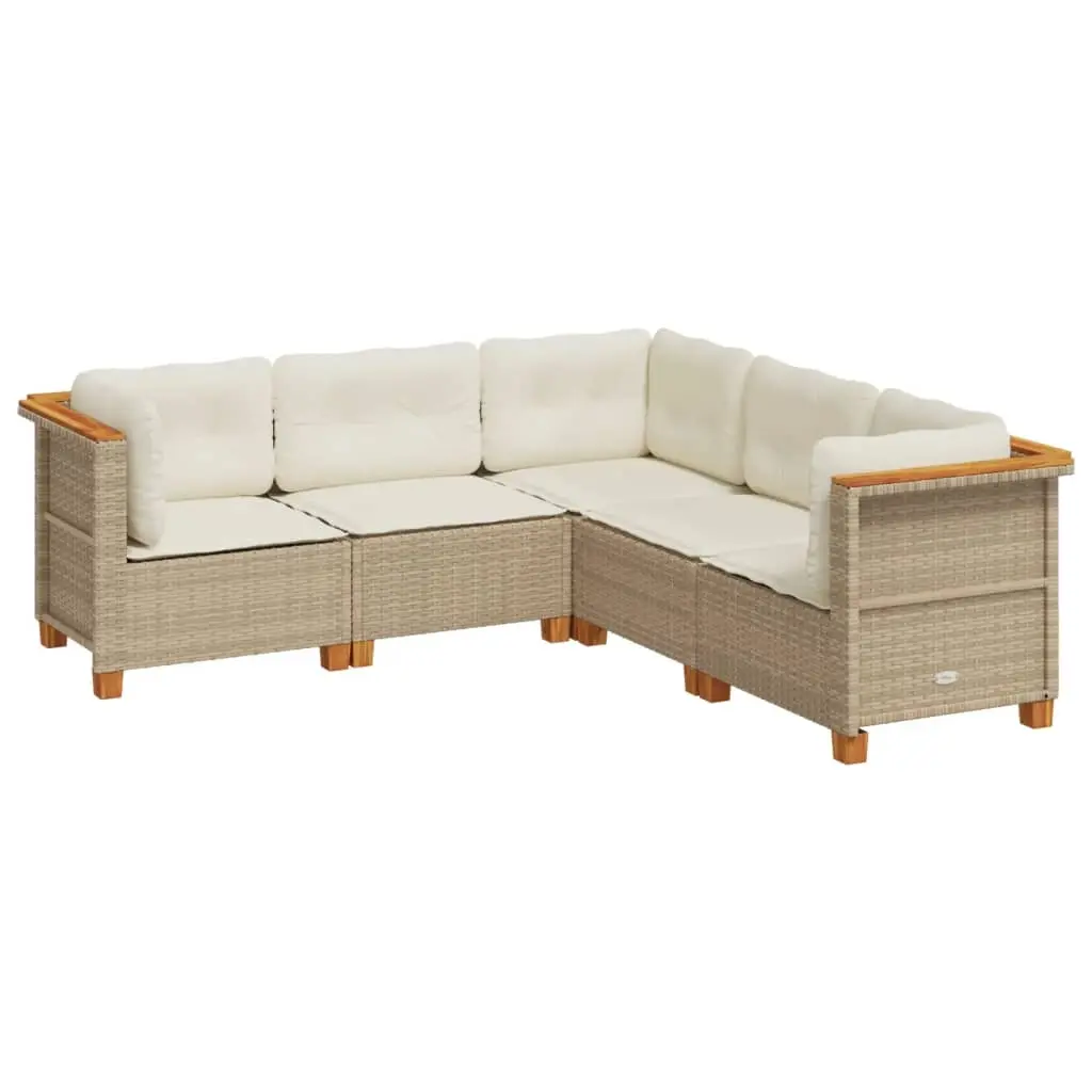 5 Piece Garden Sofa Set with Cushions Beige Poly Rattan 3261823 - Furniture