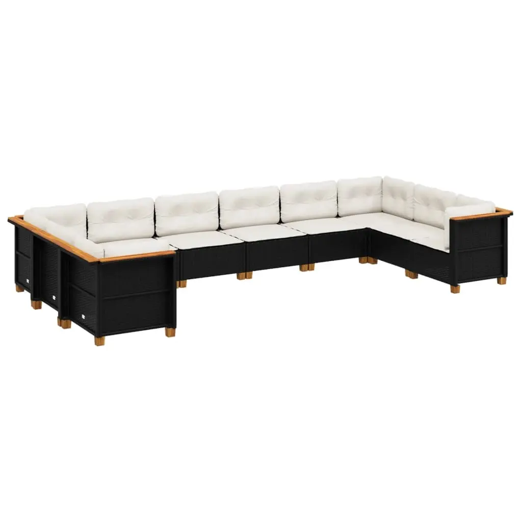 10 Piece Garden Sofa Set with Cushions Black Poly Rattan 3262019 - Furniture