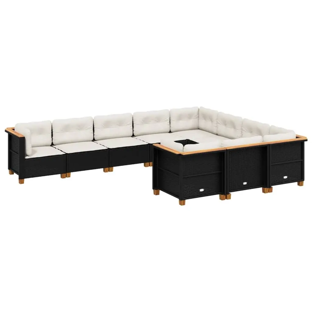 10 Piece Garden Sofa Set with Cushions Black Poly Rattan 3262031 - Furniture