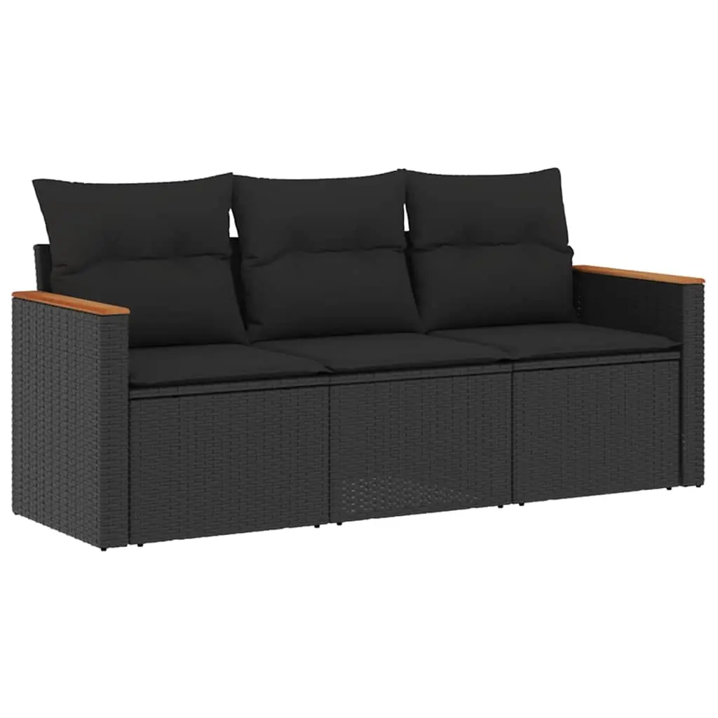 3 Piece Garden Sofa Set with Cushions Black Poly Rattan 3258156 - Furniture