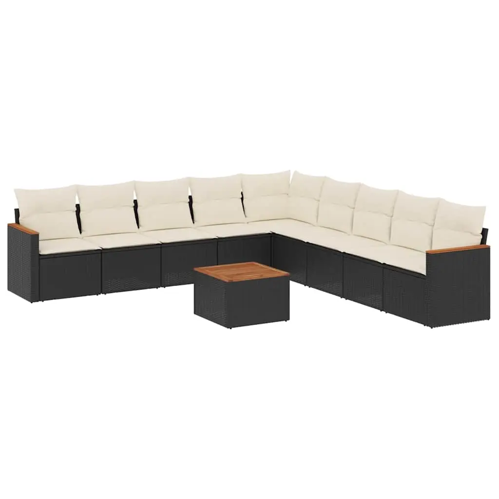 10 Piece Garden Sofa Set with Cushions Black Poly Rattan 3258465 - Furniture