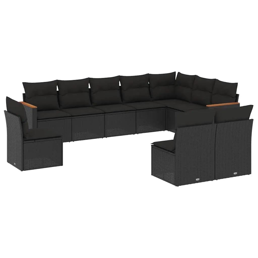 10 Piece Garden Sofa Set with Cushions Black Poly Rattan 3258471 - Furniture