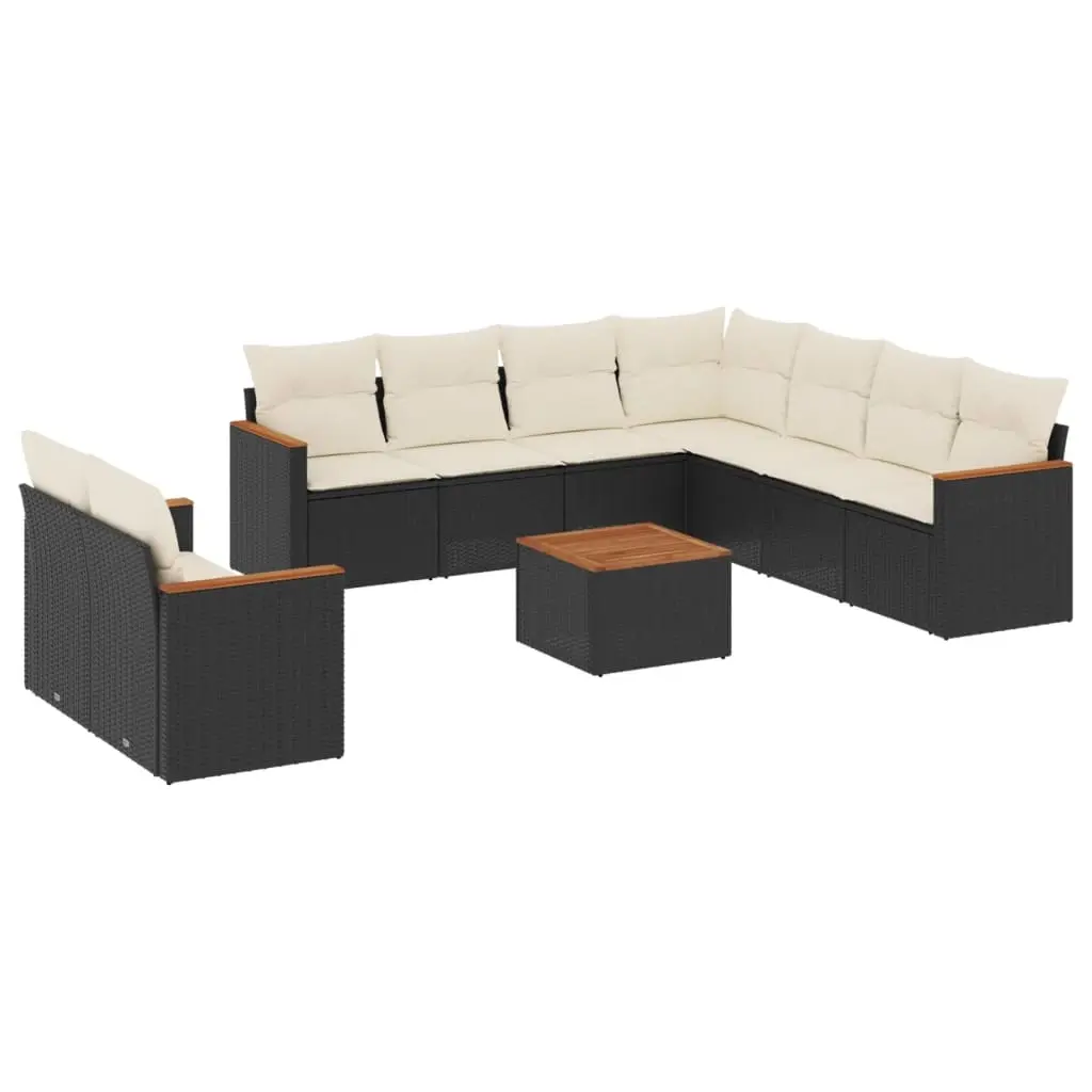 10 Piece Garden Sofa Set with Cushions Black Poly Rattan 3258507 - Furniture
