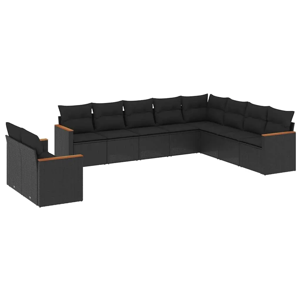 10 Piece Garden Sofa Set with Cushions Black Poly Rattan 3258513 - Furniture