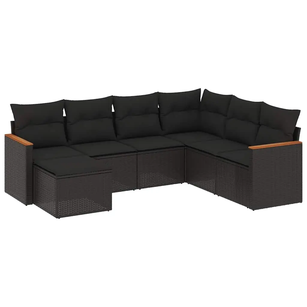 7 Piece Garden Sofa Set with Cushions Black Poly Rattan 3258604 - Furniture