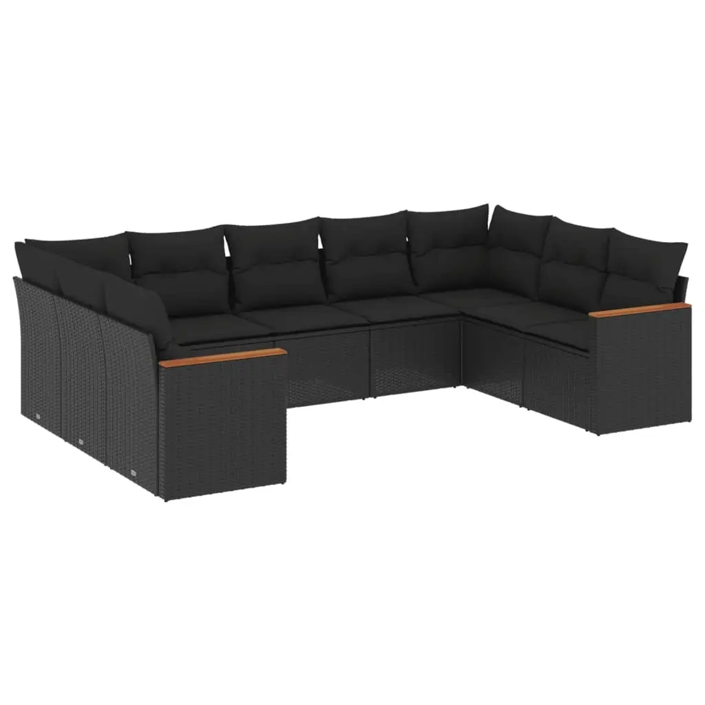 9 Piece Garden Sofa Set with Cushions Black Poly Rattan 3258674 - Furniture