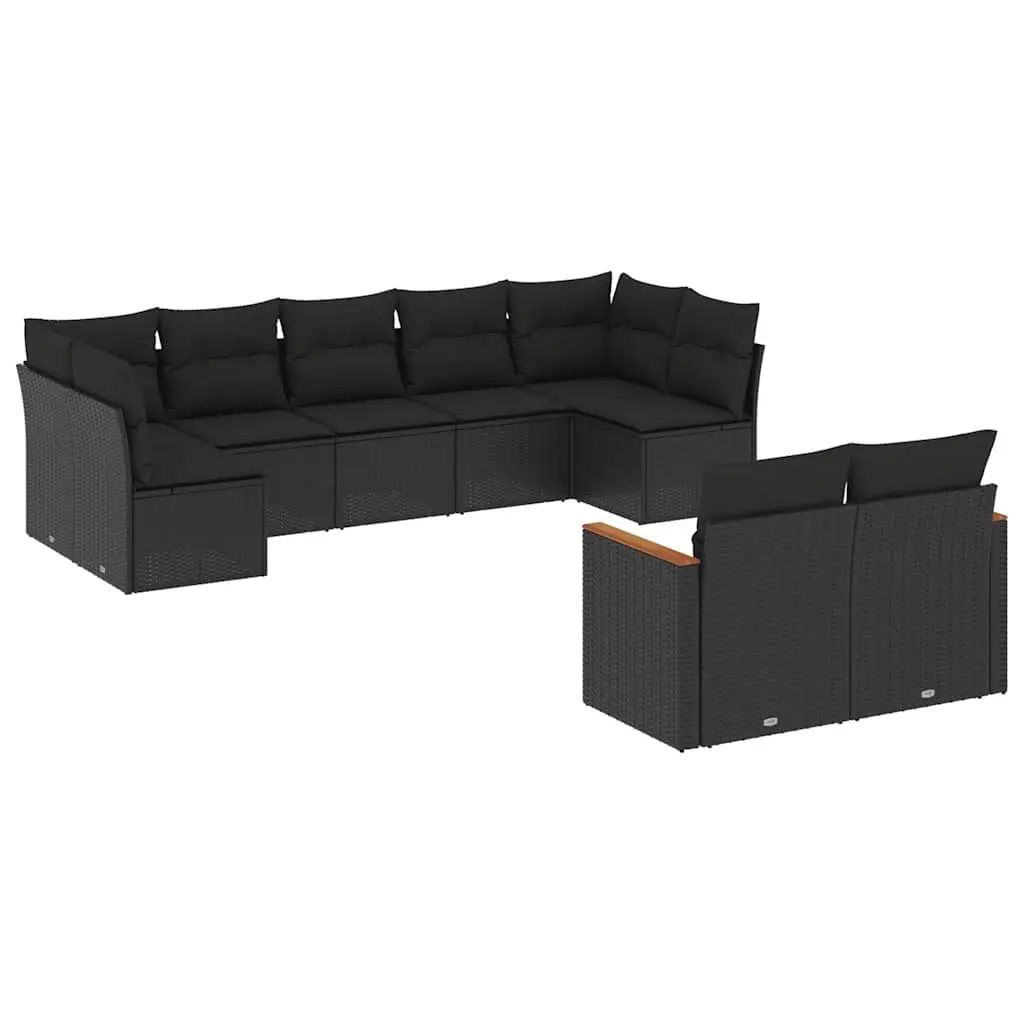 9 Piece Garden Sofa Set with Cushions Black Poly Rattan 3258688 - Furniture