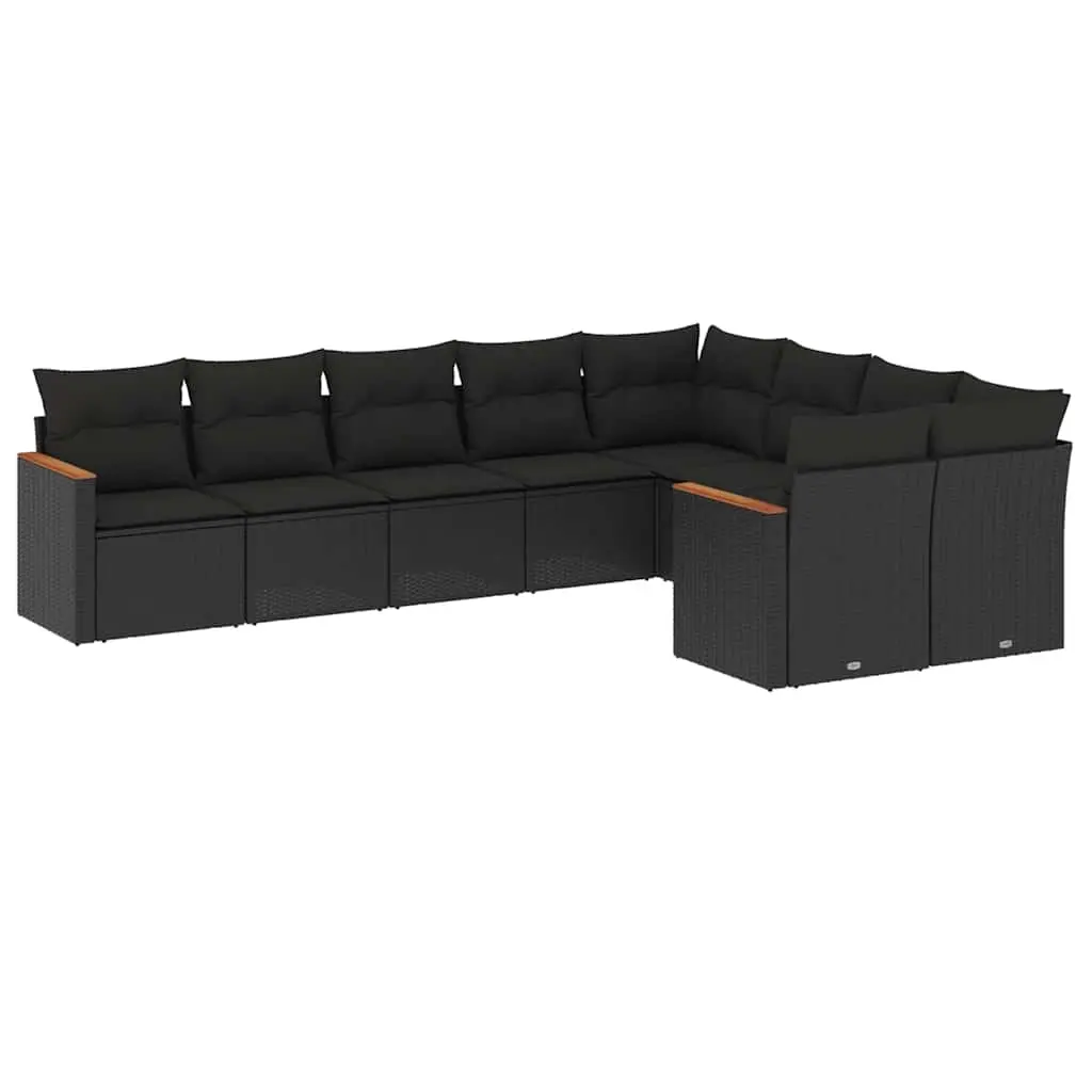 9 Piece Garden Sofa Set with Cushions Black Poly Rattan 3258702 - Furniture