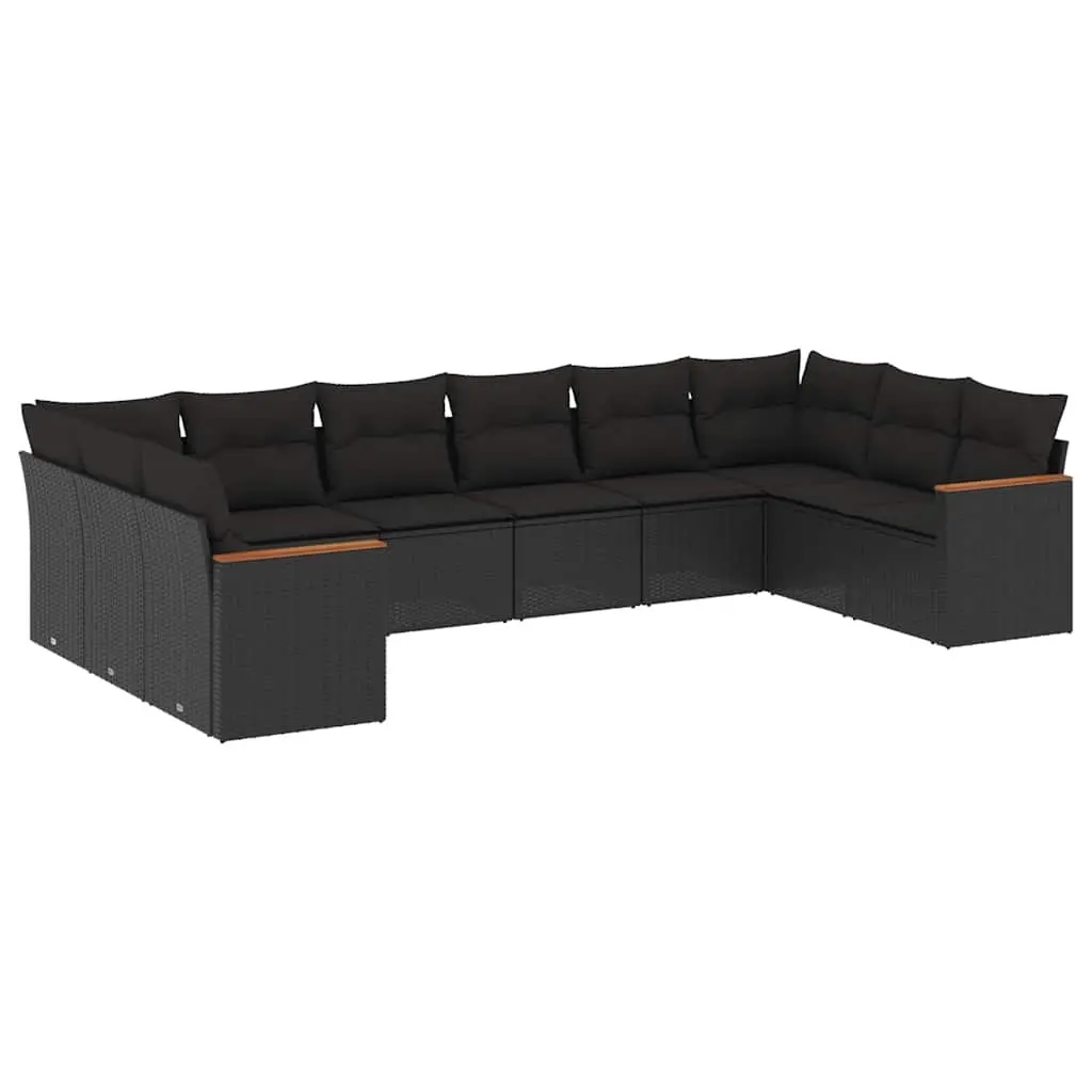 10 Piece Garden Sofa Set with Cushions Black Poly Rattan 3258723 - Furniture