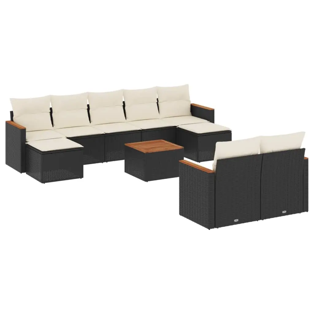 10 Piece Garden Sofa Set with Cushions Black Poly Rattan 3258808 - Furniture