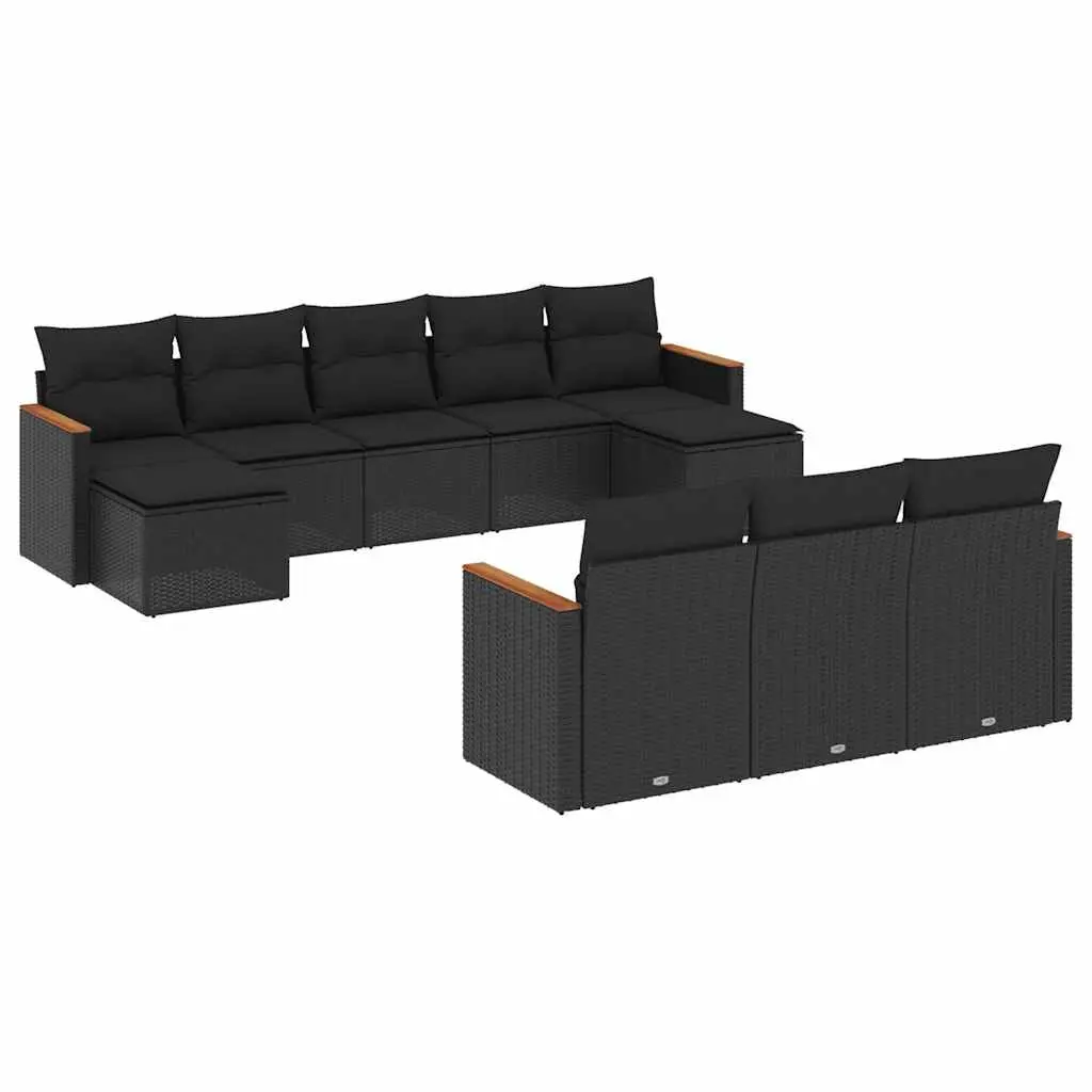 10 Piece Garden Sofa Set with Cushions Black Poly Rattan 3258814 - Furniture